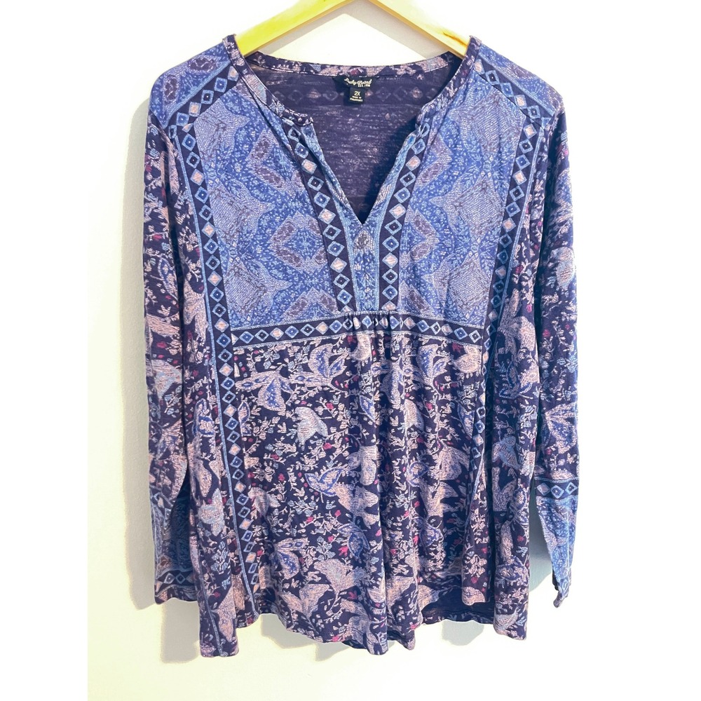 Lucky Brand Indigo Boho V-Neck Long Sleeve Knit Tunic Top  Womens 2X Patchwork